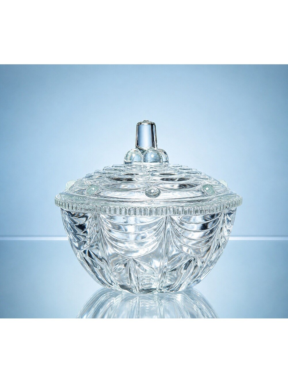 KIG Indonesia 1970s Covered Candy Dish Swag & Scallop Pressed Clear, 5.25x5.5"